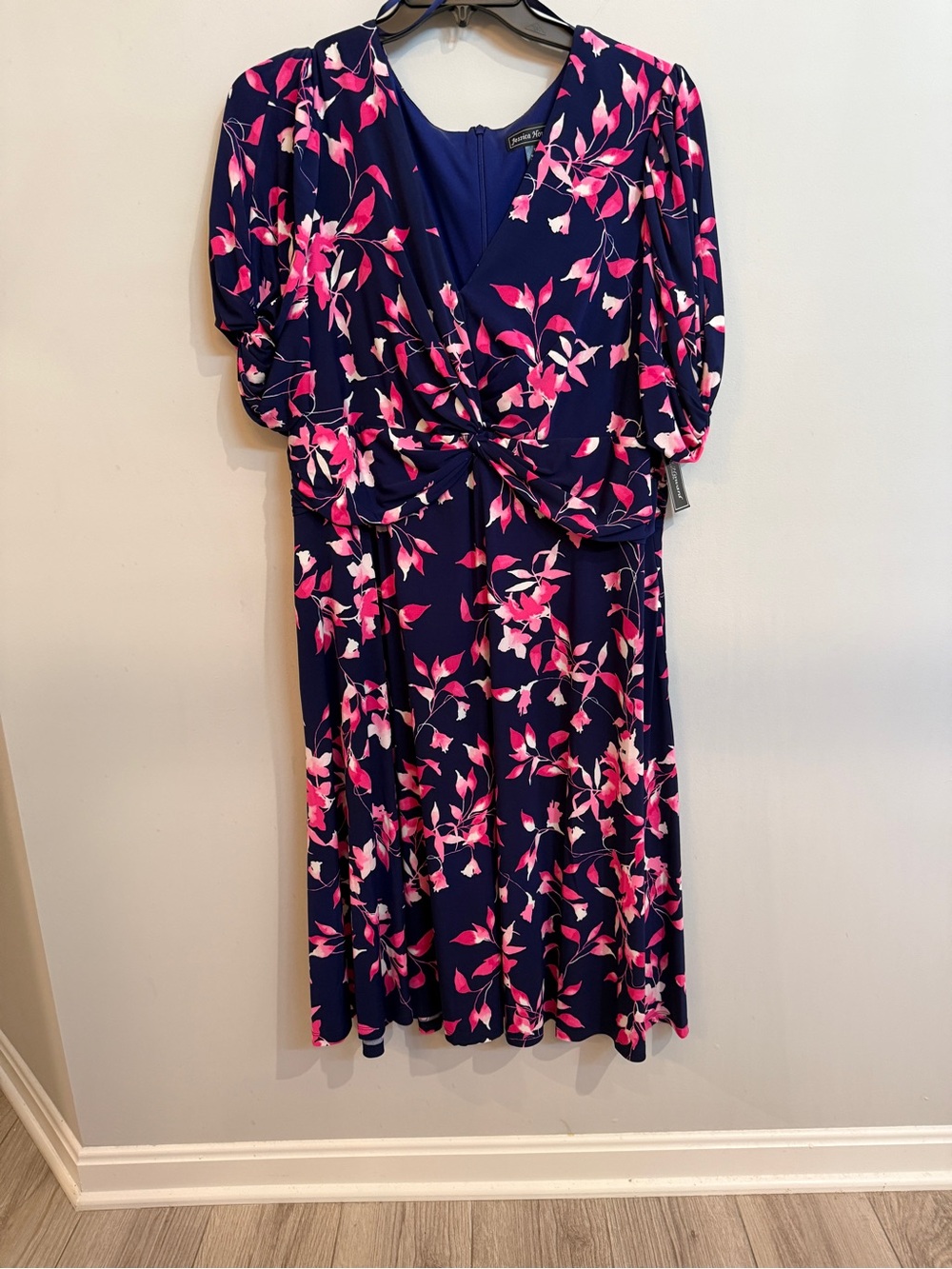 Jessica Howard Navy Floral Twist-Front Midi Dress with Pink Accents